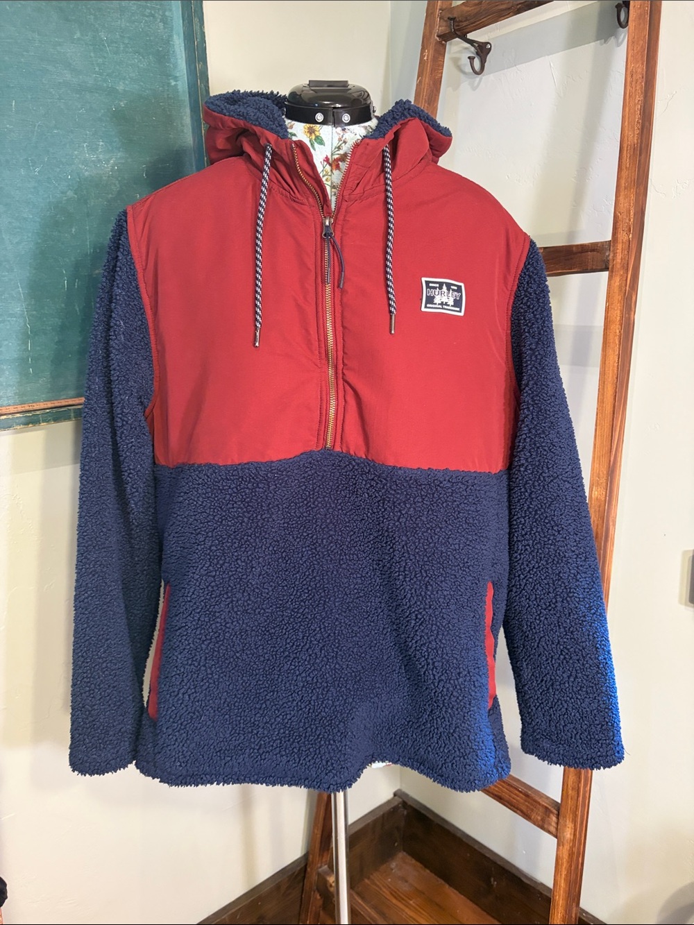 Hurley Red and Navy Sherpa Pullover Hoodie